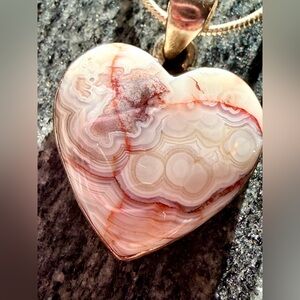 🧡 925 Sterling Silver & Heart-Shaped Crazy Lace Agate Necklace, Gorgeous!